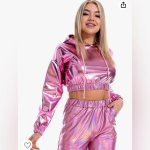 Women's Shiny Crop Top Hoodie, Casual Long Sleeve Hooded Pullover